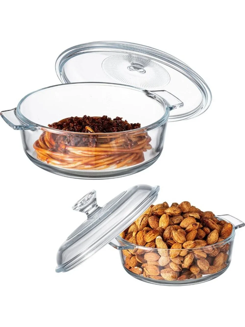 Set of 2 Round Glass Casserole Dishes with Lids - 0.8L & 1.7L Bakeware Set